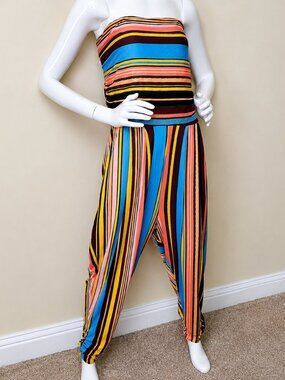 Full Circle Trends Plus Size Multicolor Striped Strapless Halter Jumpsuit SZ 3X